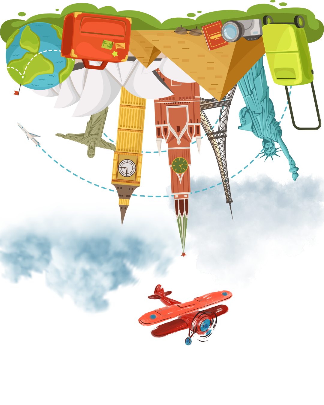 A whimsical illustration of iconic global landmarks—such as the Statue of Liberty, Big Ben, the Eiffel Tower, and the Sydney Opera House—suspended upside down above a red vintage airplane flying through clouds.
